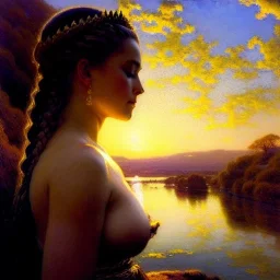 Drawing of 'busty Viking Queen',Braids,view,River, by gaston bussiere, greg rutkowski, yoji shinkawa, yoshitaka amano, tsutomu nihei, donato giancola, tim hildebrandt,oil on canvas, cinematic composition, extreme detail,fit full head inside picture,16k