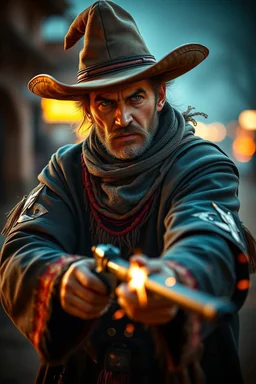 true grit, Mexican stand off fast draw poncho cowboy wizard wand slinger ,bokeh like f/0.8, tilt-shift lens 8k, high detail, smooth render, down-light, unreal engine