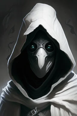 dungeons and dragons man wearing black robes and hood wearing a white mask with eyeholes