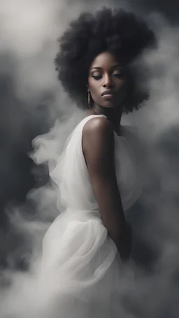 beautiful black women in white Smokey ethereal, heavenly background