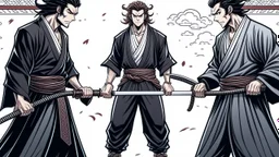 yujiro hanma vs yoriichi tsugukuni, baki vs kimetsu no yaiba, two mans standing in front of each other, a big strong man in black shirt with red hair and evil grin in martial art's stance facing a smaller feminine swordsman with long hair and calm face reaching for his sword in traditional japanese clothes both preparing to fight each other