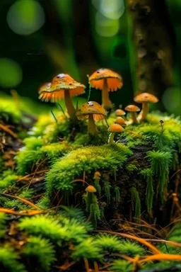 real close-up detailed view of mushroom and Moss in the nature