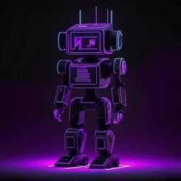 black and purple neon geometric bipedal robot with a plus sign shape for the 'eye' in a black monochrome world
