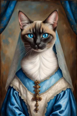 Portrait Renaissance Portrait of a female Siamese cat wearing classic mediveal gown and veil outfit, oil painting texture, piercing blue eyes, texture background