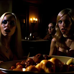 Horror movie shot, spooky, hot, ultra realistic, dine, horns, ultra realistic hot blonde women, party, pieces of meat, organs, ail, dynamic, very excited people, hypermaximalist figures, light, 1970's Italian horror movie, sinister,, Dario Argento, Stanley Kubrik, ornate, 4k, photorealism