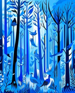 A light palish cobalt blue foggy forest with birds designed in Japanese origami painted by Stuart Davis