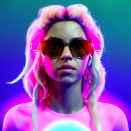 Shakira, artist, 30 years old, Realistic image, waist up portrait, etro style dress. Gucci sunglasses. Blonde, loose long hair, eyes make up, perfect, glow, circle iris. Neon colors, leds, geometric shapes. Dark background. Cyberpunk, concept art, smooth, unreal engine 5, god lights, ray tracing, RTX, lumen lighting, ultra detail, volumetric lighting, 3d, finely drawn, high definition, 4k.