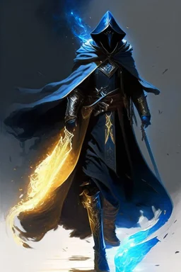 A commander with a black cloak and a long coat with long combat boots and a long spear with his Helmet is golden under his cloak like assasins With a magical power in his hand and a white anklet and boots With blue flame eyes