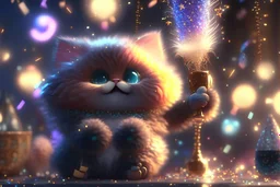 cute fluffy pixar chibi cat, new years eve scene, champagne, twisted serpentine, fireworks Weight:1 detailed matte painting, deep color, fantastical, intricate detail, splash screen, complementary colors, fantasy concept art, 8k resolution trending on Artstation Unreal Engine 5 Weight:0.9