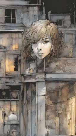 Marin Kitagawa from My Dress Up Darling. A soft-focus image of the golden sunset casting a warm glow, create in inkwash and watercolor, in the comic book art style of Mike Mignola, Bill Sienkiewicz and Jean Giraud Moebius, highly detailed, gritty textures,