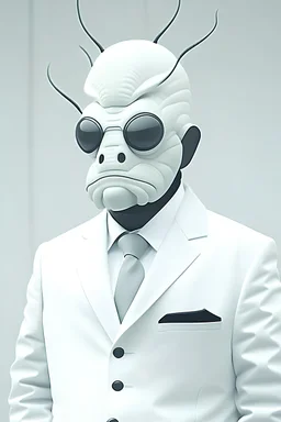 man bug head, albino, white suit, bizarre, surreal
