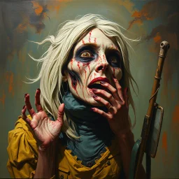 Chris Dunn Style, ungrateful caustic lady in decay, Zombie drama, surreal, stylish, oil painting