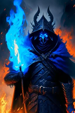 A warrior with a matte black combat helmet and eyes with bright blue flaming pupils, a black cape and a long coat with long combat boots and a long, sharp and fiery spear and with his helmet under A picture of hell with hellish people in tormenthis cape and two blue flames instead of eyes