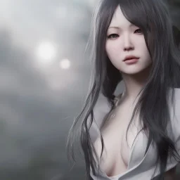 hitomi tanaka, dress white, long black hair, realistic, intriacte detail, sci-fi fantasy style, volumetric lighting, particales,highly detailed,cinamatic, deep colours,8k.