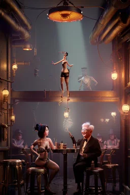 Waist up view cabaret scene, steampunk. old Asian man and little monkey, Sunglasses, smoking, happy, hot. Many people background, highly detailed, concept art, unreal engine 5, god rays, ray tracing, RTX, lumen lighting, ultra detail, volumetric lighting, 3d, finely drawn, high definition, high resolution.