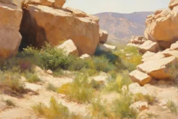 Sunny day, rocks, big rocks, vegetations, distant mountains, sci-fi, willem maris, and konstantin korovin paintings