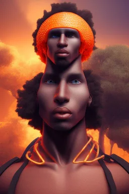 3D render of a cyberpunk tribal young black man, black afro hair, ragged shirt, on a orange dune background, digital art