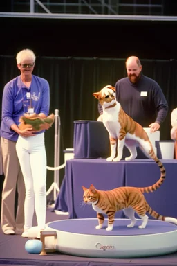 1990 dog show realistic (film Color Mission 200::10) photo disposable camera with a cat that has half a body of a blue ocean whale winning first prize