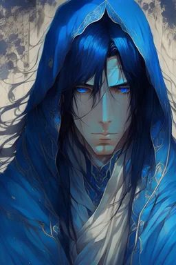 male, handsome, long dark blue hair, blue pupils, selfish, long Arabian robe, anime art, mysterious