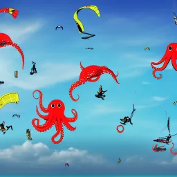 octopus and fishes flying and kitesurfing in the air. city, skyscrapers, photo, realistic, detailed, cinematic, 4k, unicorns, awkward, fantasy animals,