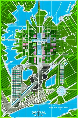 high detail map of an entire tropical dystopian small capital city