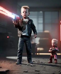 The Terminator toddler, shotgun, full body, dramatic lighting, angry, hyper realistic