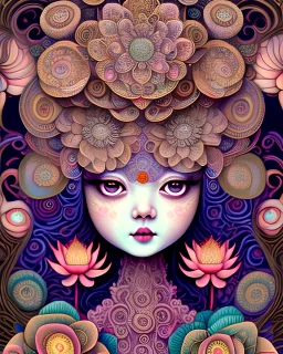 Gorgeous big eyes watercolor lotus goddess covered in curlycue paisley flowerdesigns, intricate filigreeheaddress highly intricate hyper-detailed landscape illustration painting by Mark Ryden, Keane, Max Ernst, Bosch, Junji Ito, Mucha, maximalism, surrealism, 3d liquid detailing, volumetric lighting, octane render, 16k, storybook, a masterpiece