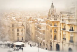 Barcelona in the snow in the sunshine, watercolor and black ink outlines, sparkling golden glitter, ethereal, cinematic postprocessing, bokeh, dof