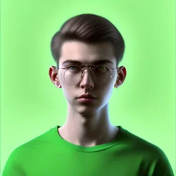 a young 19 years old boy wearing round spectacles wearing green tshirt Realistic, Hyper-detailed, Insane details, Full Portrait, American Plain, Intricate details, Beautifully color graded, Unreal Engine, DOF, Super-Resolution, Megapixel, Cinematic Lighting, Anti-Aliasing, FXAA, TXAA, RTX, SSAO, Post-Production, CGI, VFX, SFX, Insanely detailed and intricate, Hyper maximalist, Hyper-realistic, Super detailed, Photography, Hyper-realistic, Volumetric, Photorealistic, ultra photoreal, ultra-detail