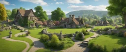 A photo of a quiet village green in a beautiful surreal outdoor countryside sunny scene, with distant hills & fields, many conjoining intricate characterful dwellings (designed by Esher) with many pathways & stairways, streams & waterfalls, a waterwheel : ultra high detail, photorealistic, epic cinematic, 8K, Large depth of field