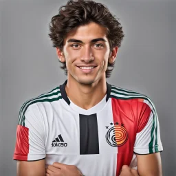 85mm DSLR color photography of a very detailed headshot fitting all of head and hair in frame. 21-year-old Argentine soccer player, and with no facial hair and has no facial hair ,has short and black hairwith a small smile, grey background