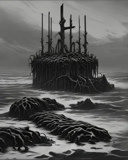 Create a monochromatic Black Metal album cover for a Band with a figure in corpse paint surrounded by bones of aquatic creatures with a table in the foreground with 3 lit black candles burning