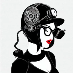 illustrator, cute steampunk stile girl, the girl is beautiful, black and white. Helmet with tubes, square glasses and wires. highlt detailed. very complex.