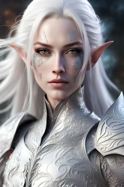 40 years old, female with blade wound on face, long white hair, full body, pale white skin, half elf, detailed eyes, Vivid colors, intricate details, wearing complex fractal white metalic armor, plated armor, reflective eyes, detailed eyes, Cinematic lighting, Volumetric lighting,Photorealism, Bokeh, Very high detail