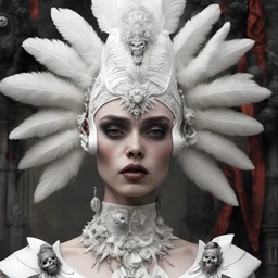 create a close up of a person wearing a white headdress, inspired by Alexander McQueen, trending on cgsociety, gothic art, punk rock with mohawks, trending on juxtapoz magazine, v - ray, '20, skulls, steven meisel, singularity sculpted ー etsy, arca album cover, inspired victorian sci - fi, 3 d character art, shot with Sony Alpha a9 Il and Sony FE 200-600mm f/5.6-6.3 G OSS lens, natural ligh, hyper realistic photograph, ultra detailed -ar 1:1 —q 2 -s 750)