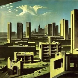 Horrible brutalist flats in the outskirts of an ethereal city, Max Ernst, strong texture, bas-relief