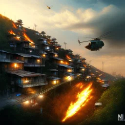 Favela, in the hill, burning, explosion,