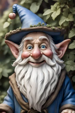 A close up view of an old smiling gnome showing detailed wrinkles ,largish nose , full round cheeks, nice welcoming blue eyes, old scraggly long white beard with largish pointed ears , wearing a big old pointed hat just covering the tops of his ears dressed in an old long cloak to match his hat , standing with a few bushes around him but only his upper torso in the picture with a misty forest background behind with the trees barely visible.