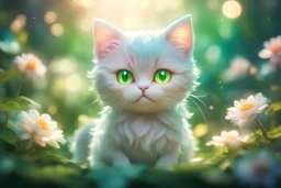 diaphanous colorful transparent light cute chibi anime cat with glowing center on green leaves and flowers, ethereal, otherwordly, cinematic postprocessing, bokeh, dof