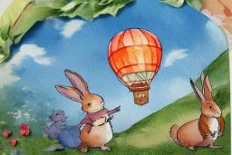 postcard with watercolor of a hot air balloon, children's book illustration, peter rabbit, giftwrap pattern