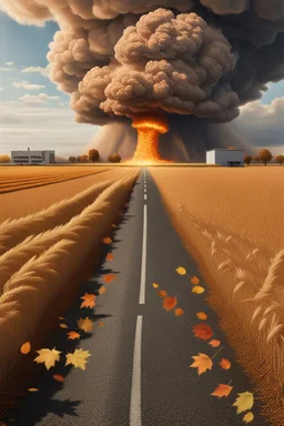 top right corner is a nuclear explosion cloud, top of explosion looks like a autumn tree full of leaves, add leaves falling everywhere in foreground, bottom 2/3 is a road through a wheat field, a wind is blowing away from the tree. a commercial building is on the middle left