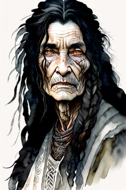 ink wash and watercolor illustration of an ancient grizzled, gnarled female vagabond wanderer, long, black hair streaked with grey, highly detailed facial features, sharp cheekbones. Her eyes are black. She wears weathered roughspun Celtic clothes, emaciated and tall, with pale skin, full body , thigh high leather boots within a forest of massive ancient oak trees in the comic book style of Bill Sienkiewicz and Jean Giraud Moebius , dramatic natural light and shadow, rich vibrant colors