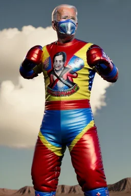 realistic image of joe biden as a mexican wrestling fighter posing, Mexican eyes wrestling mask, red and blue breeches, retro style, 80s, vibrant color, highly detailed, sky background, concept art, unreal engine 5, god rays, ray tracing, RTX, lumen lighting, ultra detail, volumetric lighting, 3d, finely drawn, high definition, high resolution.