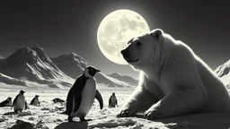 buster keaton as unstable polar growlar bear on the planet of Ceres, with some penguin astronauts