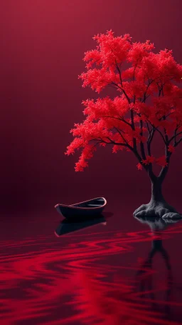 3D , a boat in a river stream in red . A nice red tree in a dark red background, high Quality picture , 8k