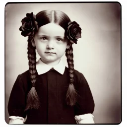 wednesday addams as a child, braids, with black roses, worn polaroid, 1970s