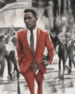 Create a compelling image featuring a man in a red suit with a dapper expression against a white background. Specify a hand-drawn style with bold strokes, emphasizing the meaning of the subject. full head. Ensure the composition captures the essence of elegant expression, creating a visually striking and impactful scene through the use of hand-drawn strokes. Vista frontal