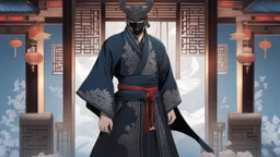 A man wears a black glass mask and Chinese clothes , black and blue color, solo leveling shadow drawing style, intricate details, highly detailed, high details, detailed portrait, masterpiece,ultra detailed, ultra quality