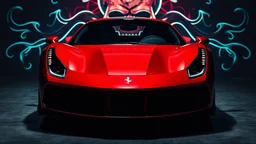 Ferrari, metallic red, glowing trippy Skull graffiti for the background, front view, dark, Ferrari, supercar, 488GTB, cool, beautiful, wallpaper, beautifully lit