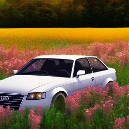 voiture blanche dans un champs de fleur, chrome, synthwave, Concept Art, couleur vibrante,audi